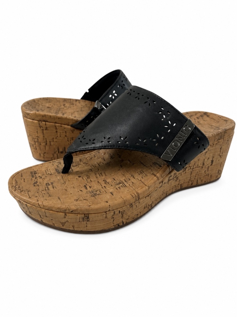 Vionic Anitra Black Leather Platform Wedge Sandals Cork Sole Comfort Orthotic 6